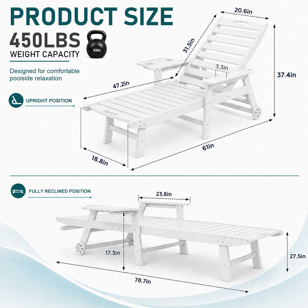HDPE Pool Chaise Lounge Chair, 2-in-1 Outdoor Patio Lounge Chair w/Adjustable Backrest & Cup Holder White