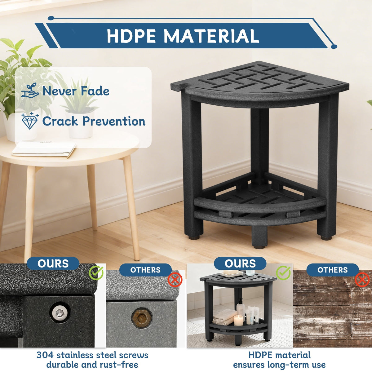 ZEOPHOL HDPE Shower Bench, Shower Stool with Handle & Storage Shelf, Bathroom Shower Seat for Inside Shower, Shaving Legs & Daily Bathing, Black