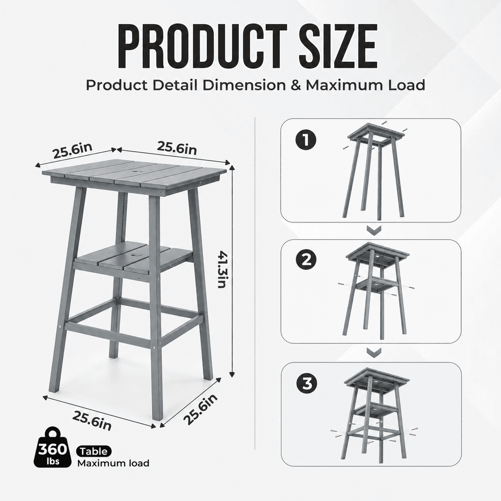 ZEOPHOL Outdoor Bar Table, 2-Tier HDPE Bar Height Table with Storage Shelf, Tall Patio Pub Table for Backyard, Poolside & Balcony Gray