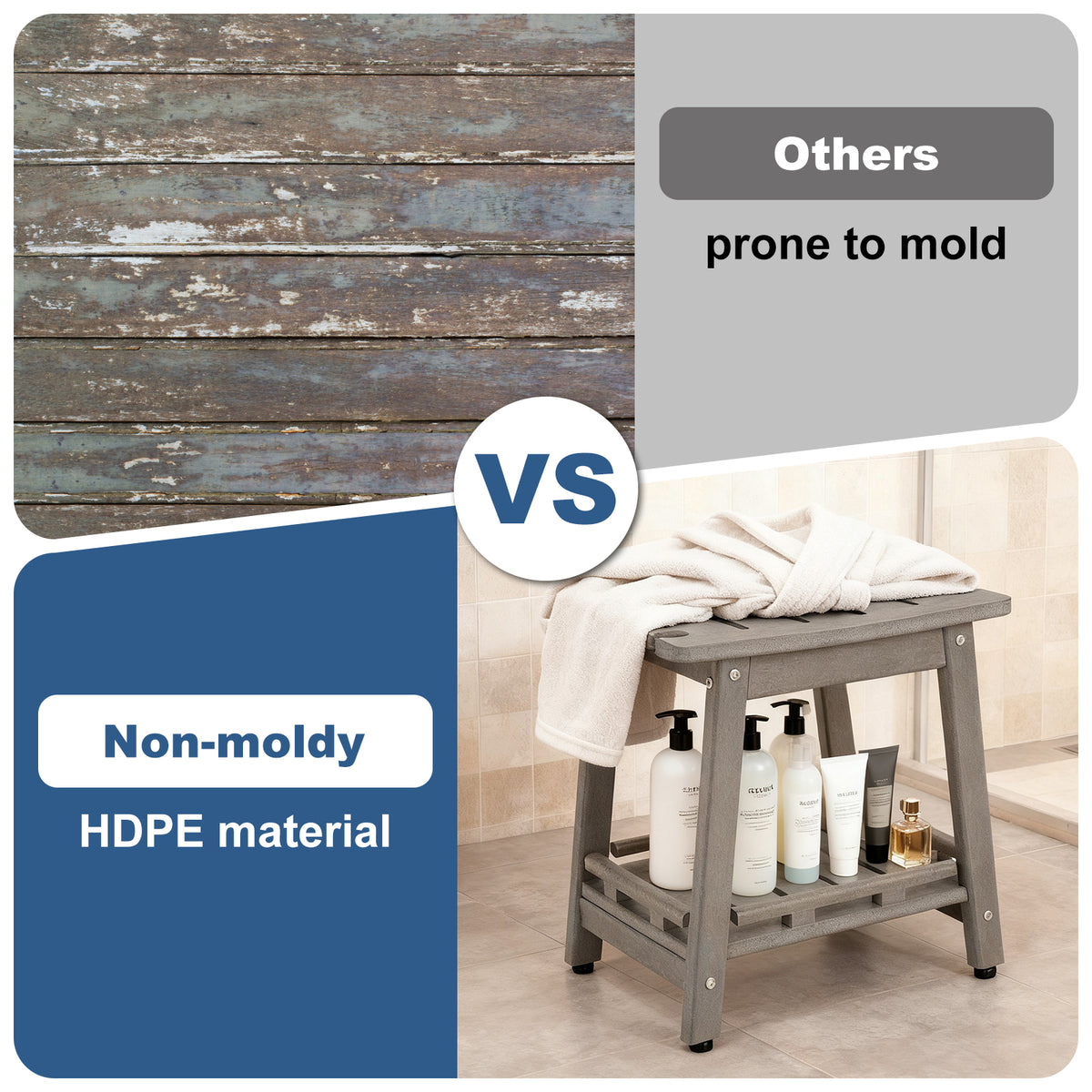 ZEOPHOL HDPE Shower Bench, Bathroom Shower Stool with Handle & Storage Shelf, Non-Slip Shower Seat for Inside Shower, Shaving Legs, Elderly & Adults Gray