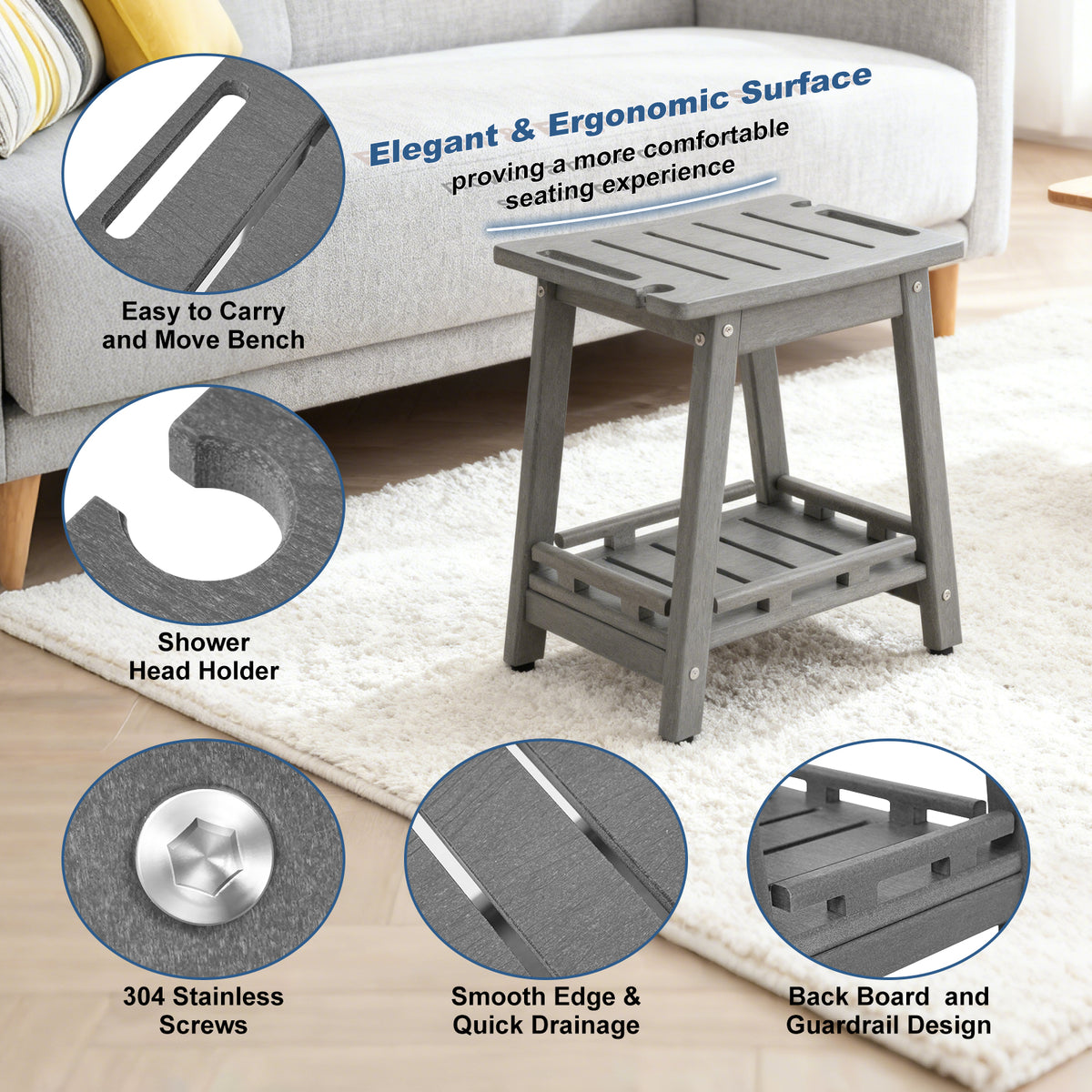 ZEOPHOL HDPE Shower Bench, Bathroom Shower Stool with Handle & Storage Shelf, Non-Slip Shower Seat for Inside Shower, Shaving Legs, Elderly & Adults Gray