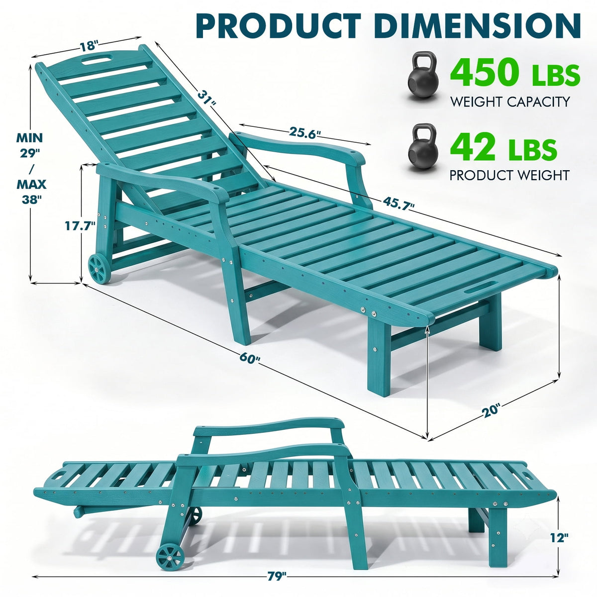 4 Pcs HDPE Patio Chaise Lounge Chair, Outdoor Reclining Pool Chair w/ Adjustable Backrest, for Patio, Deck, Backyard Aruba