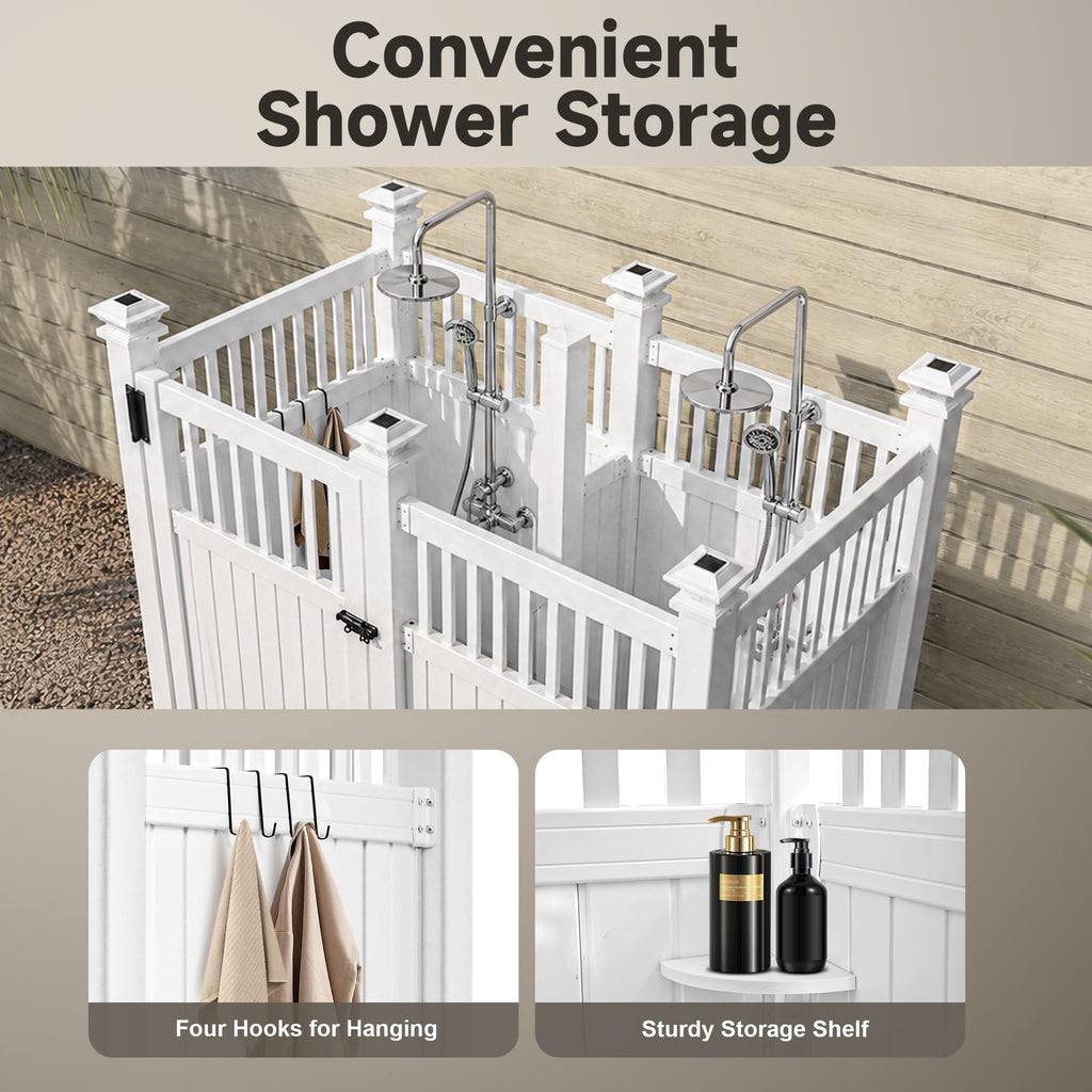 2-Person Outdoor Shower Enclosure, Weatherproof Changing Room Privacy Shower Stall with Galvanized Metal Panels, Locking Door, Shelves & Hooks for Poolside, Beach