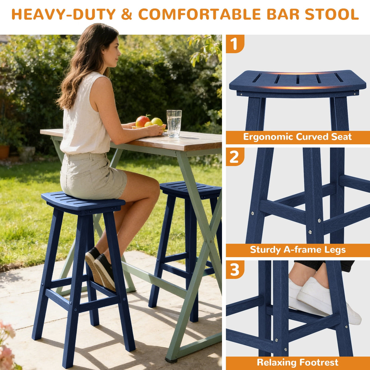 Outdoor Bar Stools Set of 2, 29 Inch Counter Bar Height HDPE Patio Stools, 500 lbs Heavy Duty Saddle Seat Bar Chairs for Kitchen Island, Balcony & Backyard (Navy Blue)