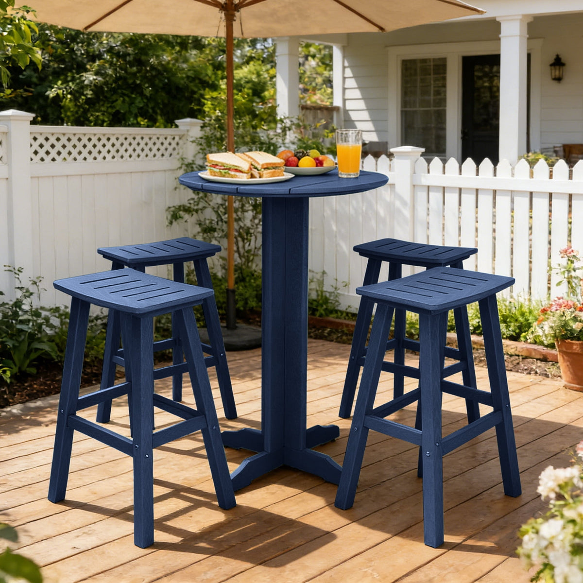 Outdoor Bar Stools Set of 2, 29 Inch Counter Bar Height HDPE Patio Stools, 500 lbs Heavy Duty Saddle Seat Bar Chairs for Kitchen Island, Balcony & Backyard (Navy Blue)
