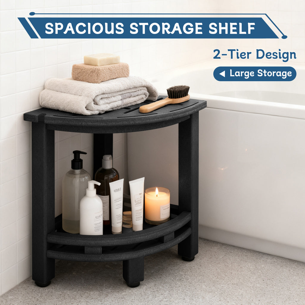 ZEOPHOL HDPE Shower Bench, Shower Stool with Handle & Storage Shelf, Bathroom Shower Seat for Inside Shower, Shaving Legs & Daily Bathing, Black
